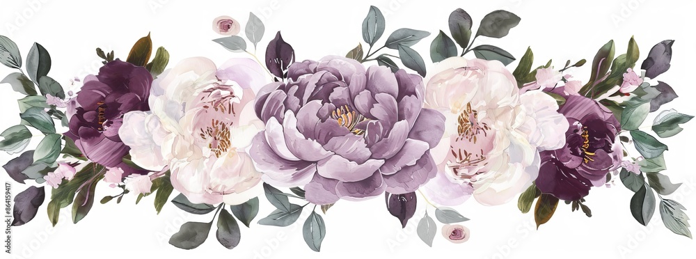 Wall mural the set of watercolor floral bouquet illustrations includes violet purple blue flower green leaf lea