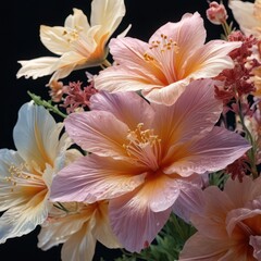 Fototapeta premium Delicate Pink and Yellow Flowers with Water Droplets.