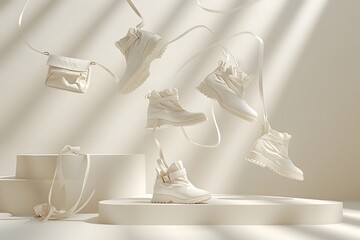 Minimalist Display of Stylish White Footwear and Accessories in Soft Lighting