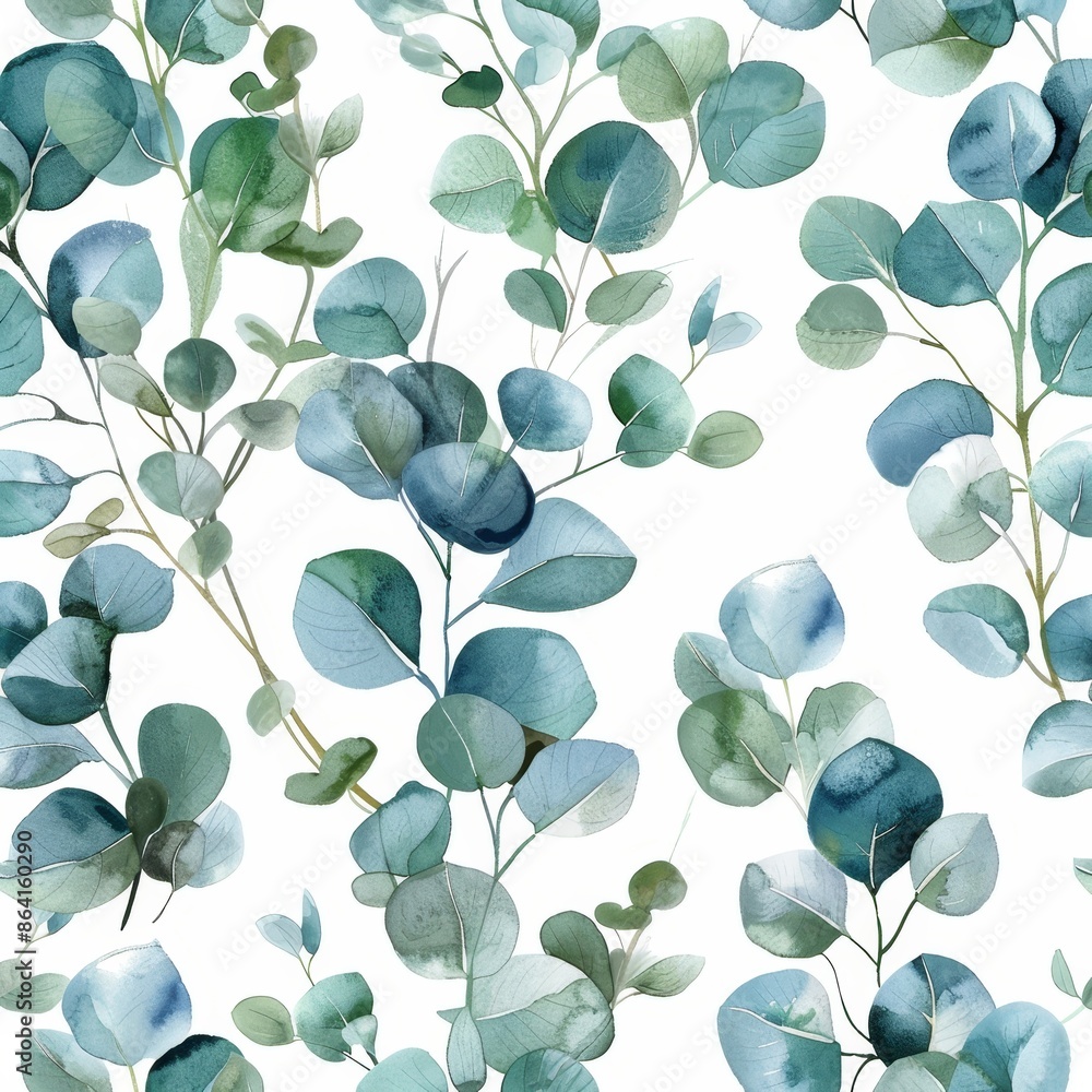 Wall mural beautiful watercolor floral pattern with green leaves and branches on a white background, perfect fo