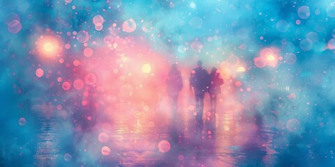 Obraz premium Abstract background with overlay images of people and city in cool blue and pink tones