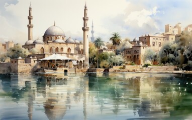 Tranquil Watercolor Painting of a Riverside Mosque Reflecting in Still Waters