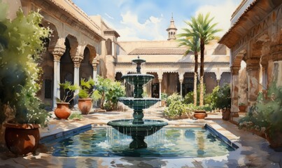 Fototapeta premium Serene Reflections: Watercolor Painting of an Intricate Islamic Courtyard with Vibrant Tiles and Fountain