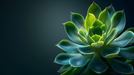Obraz premium A vibrant succulent plant against a sleek black backdrop, tailored for minimalist decor. Web banner format, designed with substantial negative space on the left.