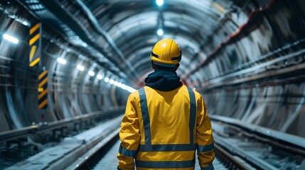 Fototapeta premium A worker in a yellow safety jacket and helmet walks through the tunnel. underground train tracks visible on both sides.