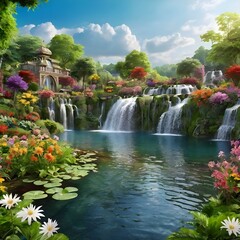 Fototapeta premium A beautiful paradise land full of flowers, rivers and waterfalls