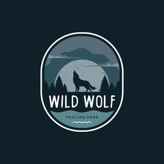 Travel badge outdoor with howling wolf, pine trees and mountain icon vector illustration, silhouette illustration of Howling Wolf design vector template