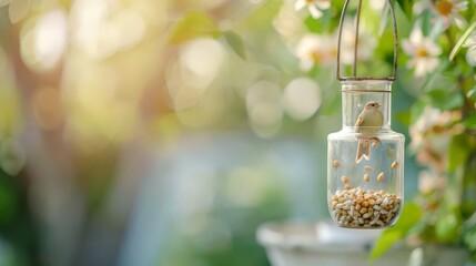 Bird feeder filled with nutritious seeds, pet nutrition, backyard bird diet