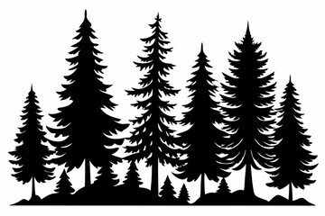 Fototapeta premium Pine tree silhouettes, Fir trees silhouette. Evergreen forest firs and spruces black shapes, wild nature trees templates. Vector illustration woodland trees set on white background