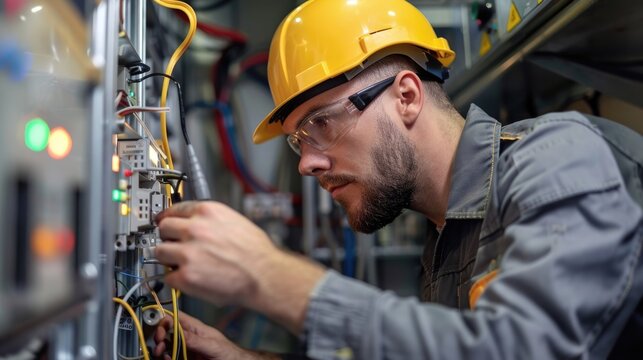 An electric technician examining electrical components, portrayed in a dynamic angle raw photo that underscores expertise and dedication to craftsmanship