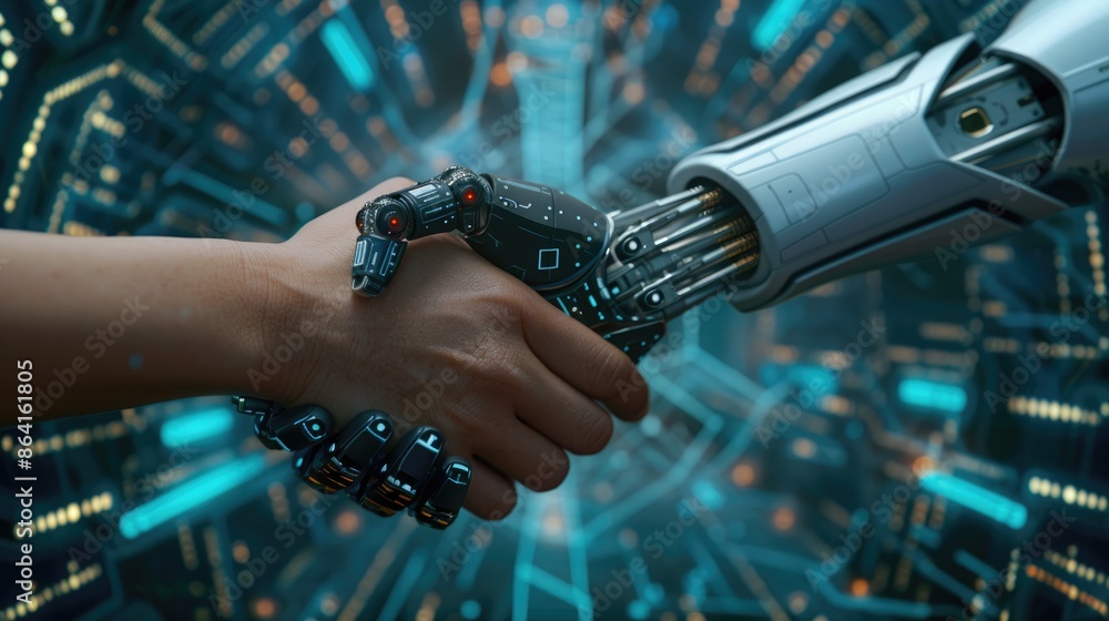 Poster a robotic ai hand shaking hands with a human hand against a futuristic technology background filled 