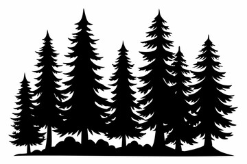 Obraz premium Pine tree silhouettes, Fir trees silhouette. Evergreen forest firs and spruces black shapes, wild nature trees templates. Vector illustration woodland trees set on white background