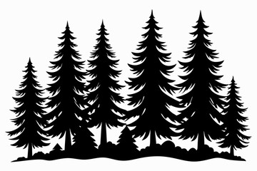 Obraz premium Pine tree silhouettes, Fir trees silhouette. Evergreen forest firs and spruces black shapes, wild nature trees templates. Vector illustration woodland trees set on white background
