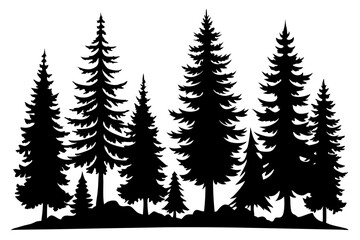Obraz premium Pine tree silhouettes, Fir trees silhouette. Evergreen forest firs and spruces black shapes, wild nature trees templates. Vector illustration woodland trees set on white background