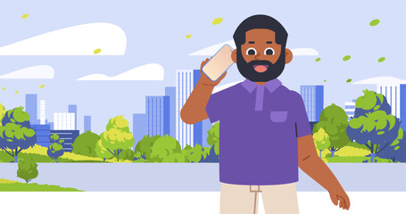 Young African American guy talking on the phone over modern cityscape. Flat vector illustration