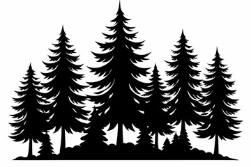 Pine tree silhouettes, Fir trees silhouette. Evergreen forest firs and spruces black shapes, wild nature trees templates. Vector illustration woodland trees set on white background