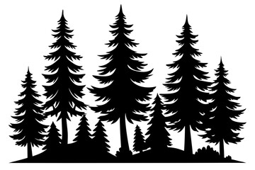 Fototapeta premium Pine tree silhouettes, Fir trees silhouette. Evergreen forest firs and spruces black shapes, wild nature trees templates. Vector illustration woodland trees set on white background
