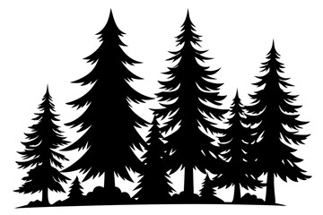 Obraz premium Pine tree silhouettes, Fir trees silhouette. Evergreen forest firs and spruces black shapes, wild nature trees templates. Vector illustration woodland trees set on white background