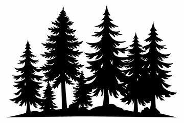 Obraz premium Pine tree silhouettes, Fir trees silhouette. Evergreen forest firs and spruces black shapes, wild nature trees templates. Vector illustration woodland trees set on white background