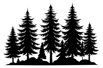 Fototapeta premium Pine tree silhouettes, Fir trees silhouette. Evergreen forest firs and spruces black shapes, wild nature trees templates. Vector illustration woodland trees set on white background