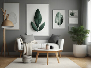 Living room mock up poster, scandinavian decor, 3d render, 3d illustration