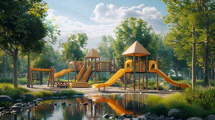 A yellow playground equipment in the middle of an outdoor park with trees and green grass, a small bridge over water on one side, and other play structures behind it.