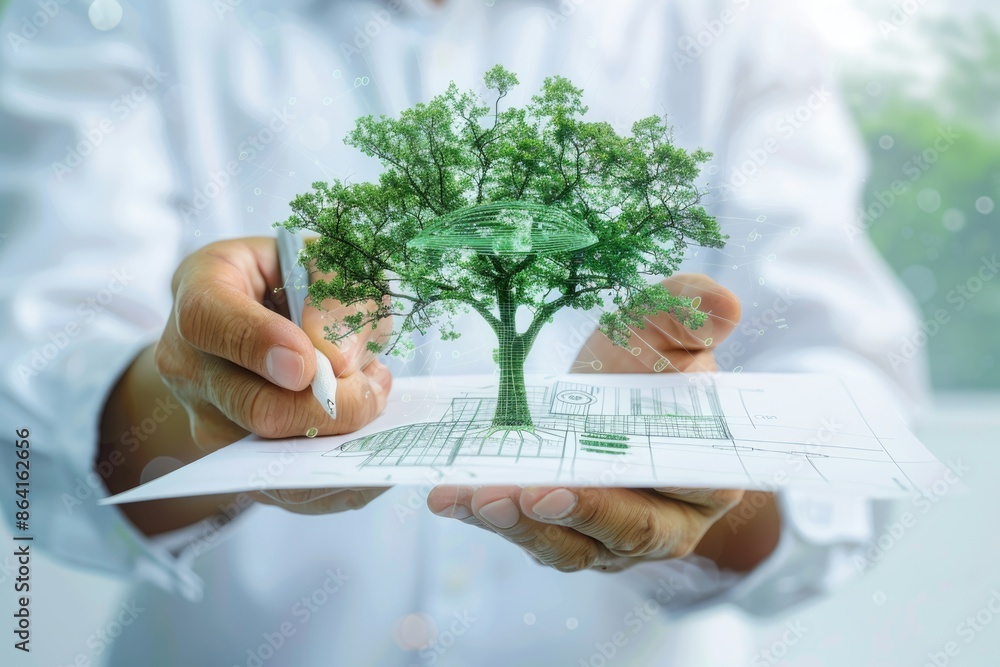 Poster close-up of an architect hand presenting an architecture drawing with a tree hologram, representing 