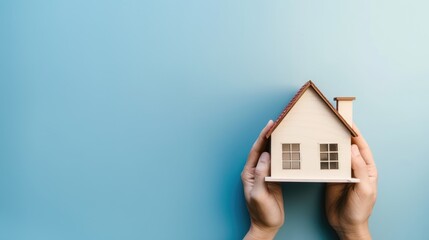 Hand holding a house model against a solid blue background with ample copy space on the right side