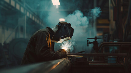 Fototapeta premium A welder wears a mask and works on a pipe in a dim workshop. Smoke from the welding process fills the air, creating an obscured view of the welder's face.