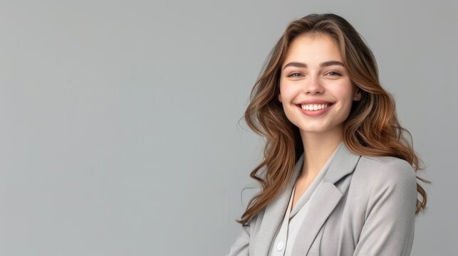 Half-body photo of a beautiful woman in a professional outfit, smiling with a solid grey background and clear copy space above her