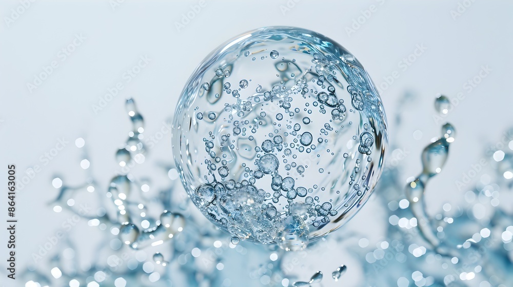 Poster translucent glass sphere floating in liquid with refractive droplet patterns