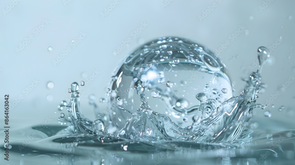 Poster closeup of transparent sphere with splashing water droplets in motion