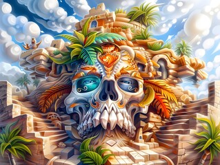 Mystical Pixel Art Depicting a Quest to Uncover a Legendary Lost Desert City Shrouded in Tropical Vegetation and Zentangle-Inspired Patterns