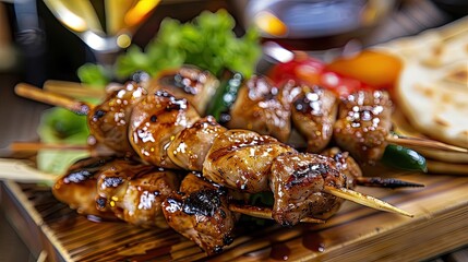 Close-up of delicious grilled chicken skewers served with fresh vegetables and pita on a wooden board, perfect for a summer barbecue or meal.
