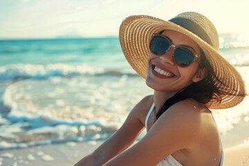 Joyful beach enthusiast savoring the experience of seaside relaxation, ideal for vacation-themed designs