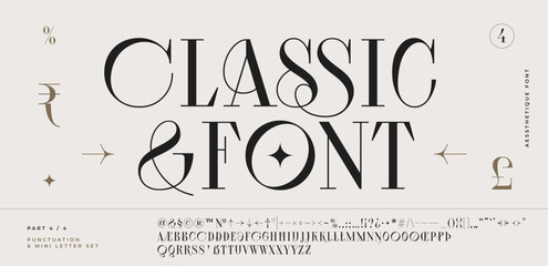 Classic serif font. Headline alphabet serif alphabet with graphic elements, sign, symbol, alternative letters. Classic creative serif font alphabet for design, typographic Vector Illustration