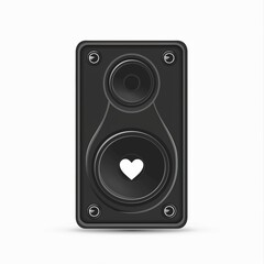 A heart shaped sound speaker icon. Acoustic speaker system with subwoofers. Concert and party equipment. White background. Valentine's Day greeting card. A flat design.