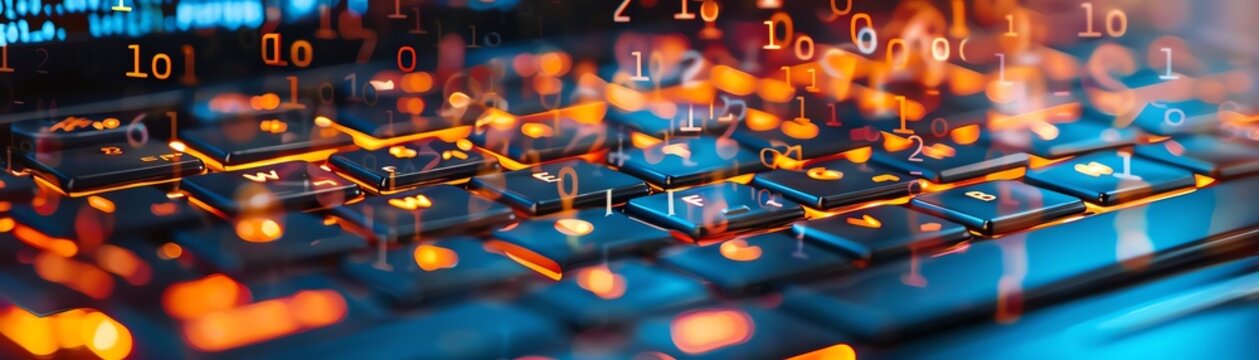 Coding Bootcamp keyboard with glowing code lines