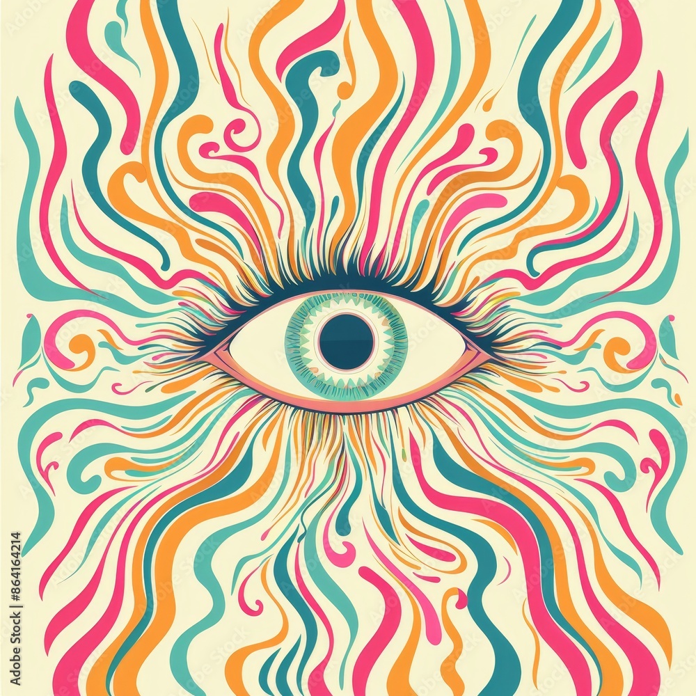 Poster icon for an eye. retro colorful swirl sunburst starburst with tiny ray of light. abstract background