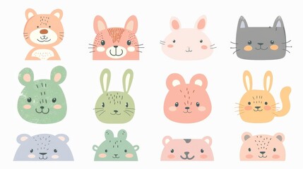 There are cute pics of kitten kitty, rabbit bunny, hare, bear, dog puppy, pig, frog standing on the white background. Cartoon kawaii animals. Funny baby character. Contour line doodle. Flat design.