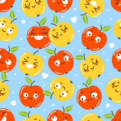Seamless pattern with cute apples  on blue background  for Your happy summer design