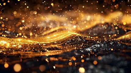 Fototapeta premium Captivating image of shimmering gold dust swirling in crystal-clear water, set against a dark, sophisticated backdrop.