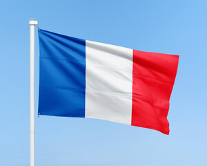 Realistic France flag on stick on sky background. French flag illustration