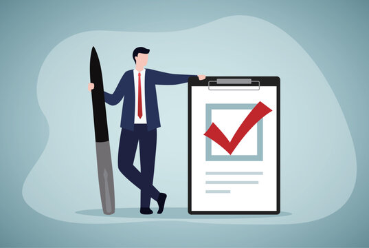 Verification and approval. A businessman writes a check mark. success in business. vector