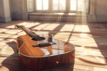 Acoustic guitar in the living room. Music concept. Vintage style