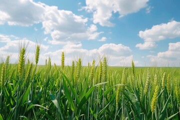 Obraz premium Beautiful spring natural panorama of a field of young green wheat on the hills against a blue sky with clouds.