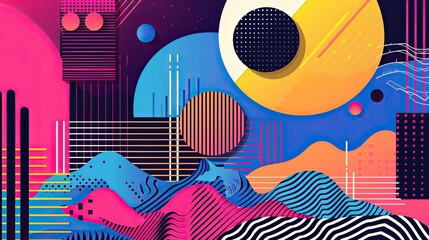 90s retro aesthetic with vibrant colors, geometric shapes, minimalist, copy space