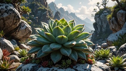 Fototapeta premium Succulent plant on a mountain cliff.