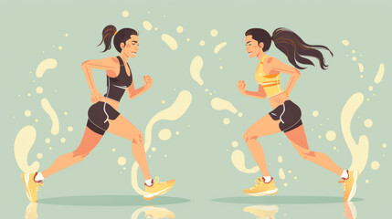 Before & after a run, a beautiful girl sweats. Illustration in flat Vector style