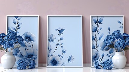 Contemporary Blue and White Floral Motif Photo Frames with Minimalist Digital Art Aesthetic